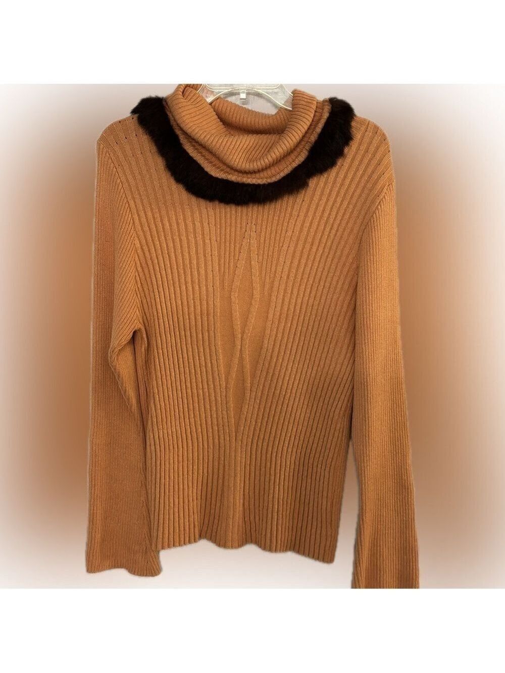 Bianca Nygard Orange LS Sweater w/Cowl Neck trimmed in brown fur size L petite